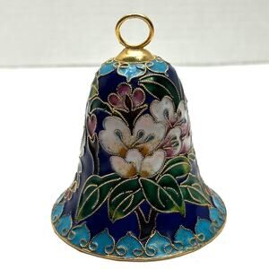 Vintage Cloisonne Floral Enamel Bell Cobalt Turquoise Floral